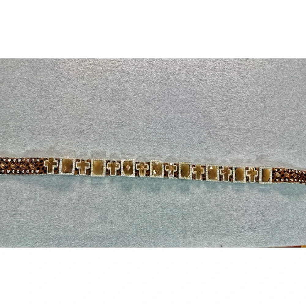 Nocona Western Women's Belt Leopard Leather Rhinestone Crosses Bling Med-SKU:055